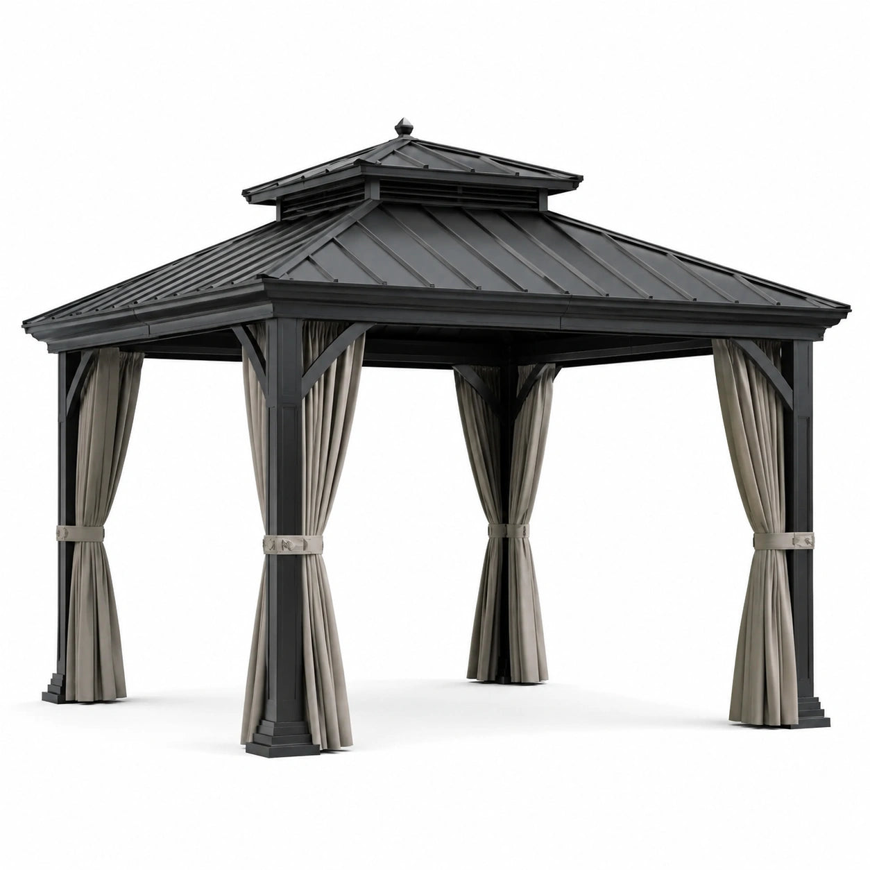 Pavillon en aluminium avec toit en acier et rideaux en polyester 3x3m anthracite / beige