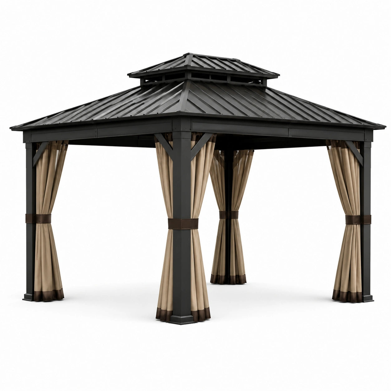 Pavillon de jardin en métal avec toit double et rideaux 3x4m