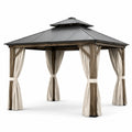 Pavillon de jardin en bois et métal avec rideaux en polyester 3x3 m