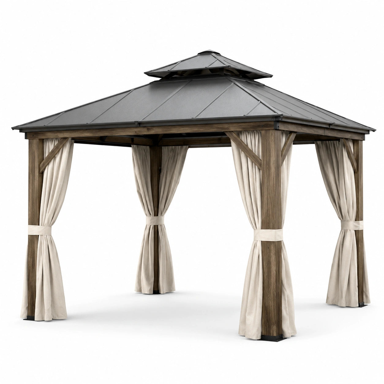 Pavillon de jardin en bois et métal avec rideaux en polyester 3x3 m