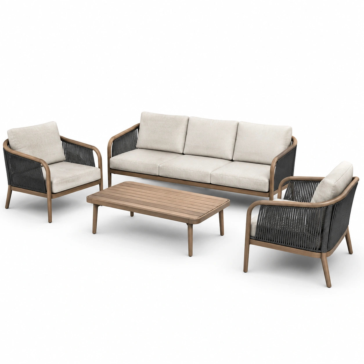 Ensemble de jardin en bois, aluminium et corde tressée beige/noir