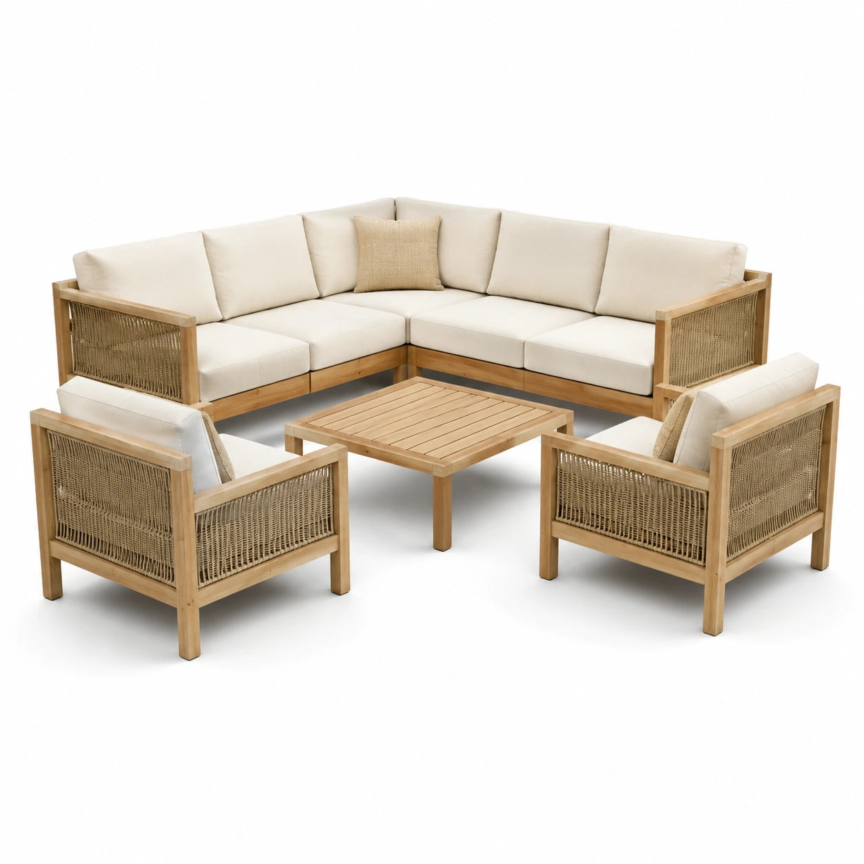 Salon de jardin en teck et corde beige avec coussins