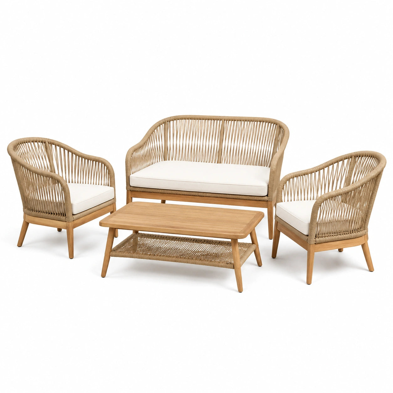 Ensemble de meubles de jardin en bois et corde beige avec coussins crème