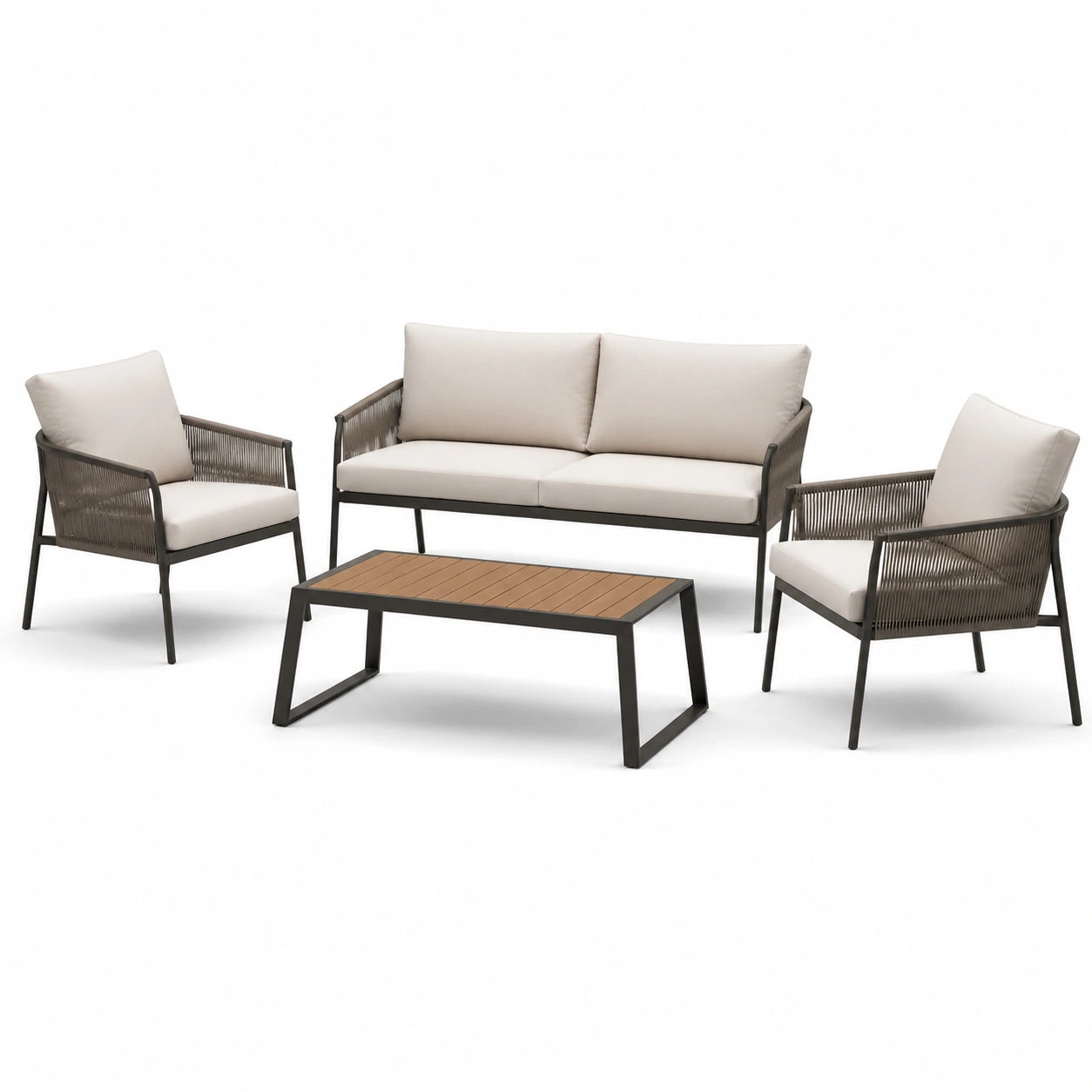 Ensemble de meubles d'extérieur en métal et bois avec coussins en polyester beige