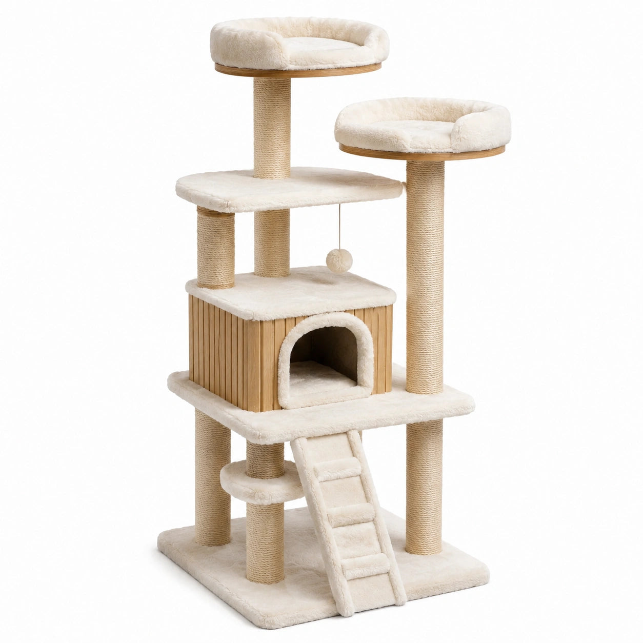 Arbre à chat en bois et sisal avec plateformes en polyester beige