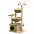 Arbre à chat en bois avec paniers en tissu côtelé vert et beige