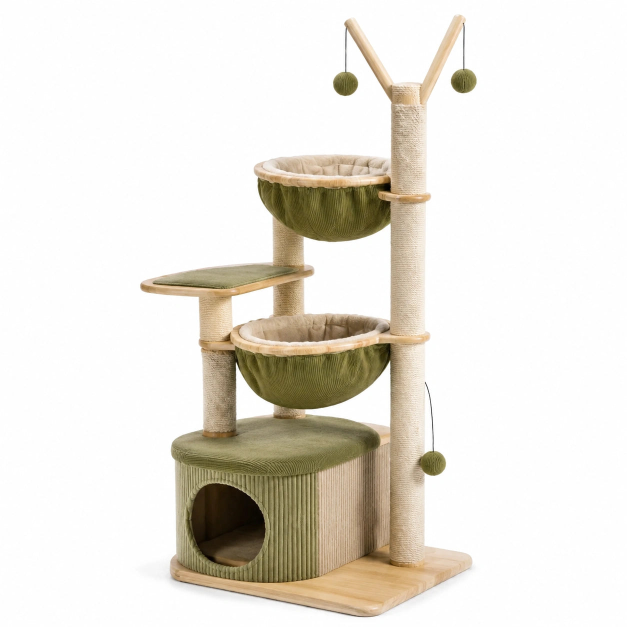 Arbre à chat en bois avec paniers en tissu côtelé vert et beige