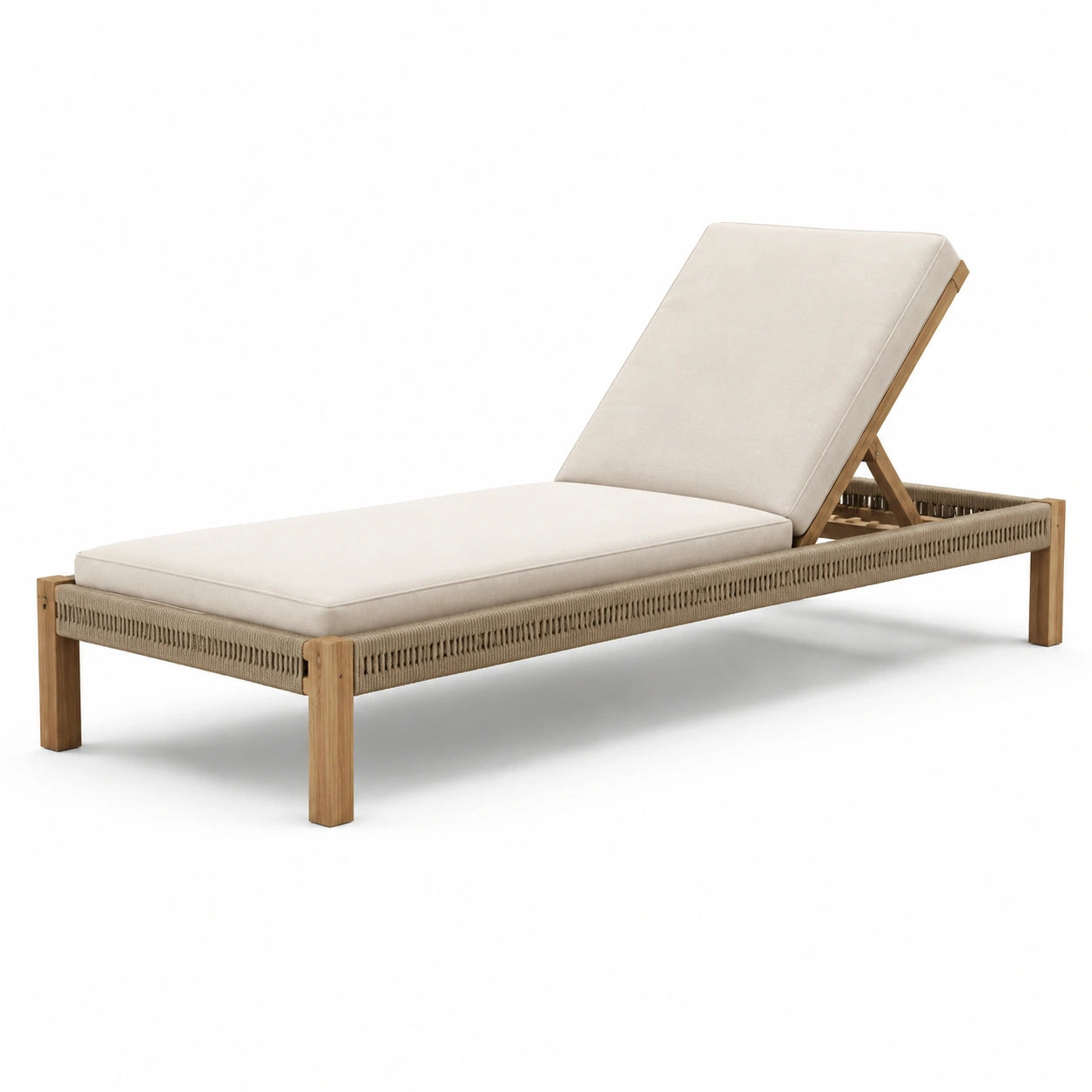 Chaise longue en bois de teck avec coussins en lin beige