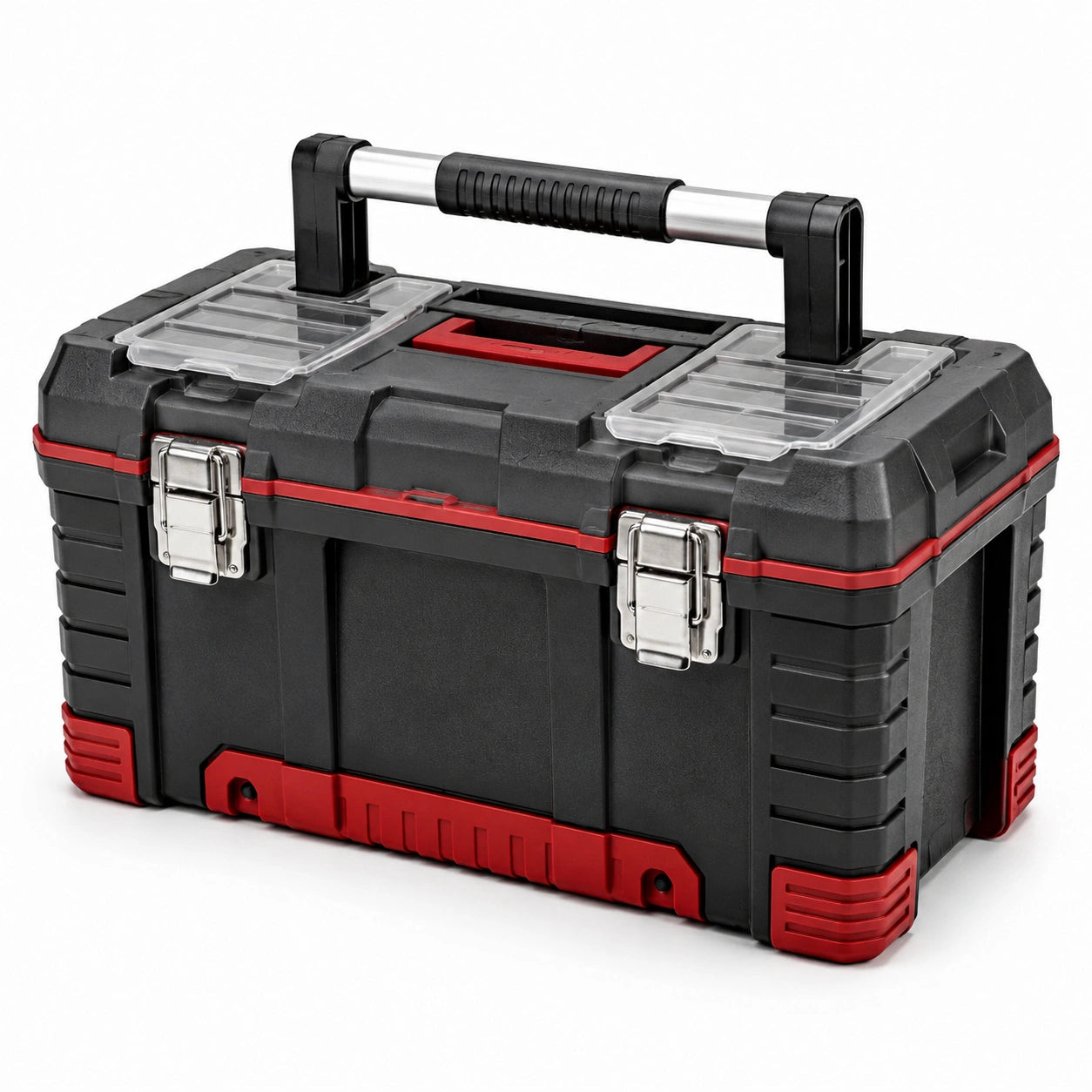 Caisse à outils en plastique avec poignées en aluminium et compartiments acryliques