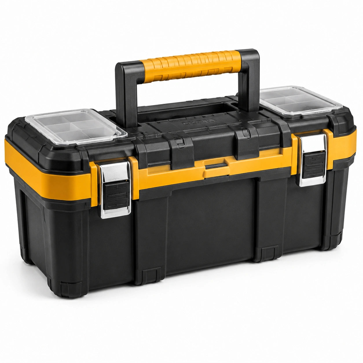 Boîte à outils en plastique noire et jaune avec poignées métalliques