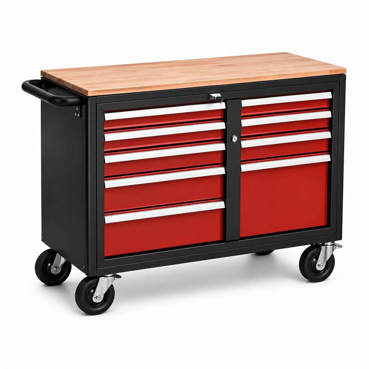 Chariot à outils en métal avec plateau en bois 10 tiroirs rouge/noir