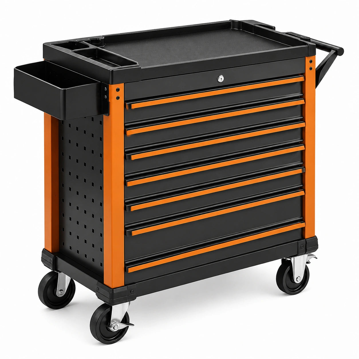 Chariot à outils en acier noir/orange avec 7 tiroirs