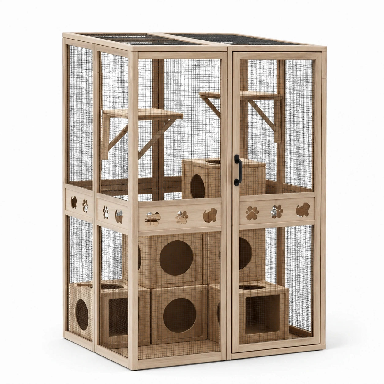 Enclos à chat en bois avec plateformes et boîtes de jeu 120x80x160 cm