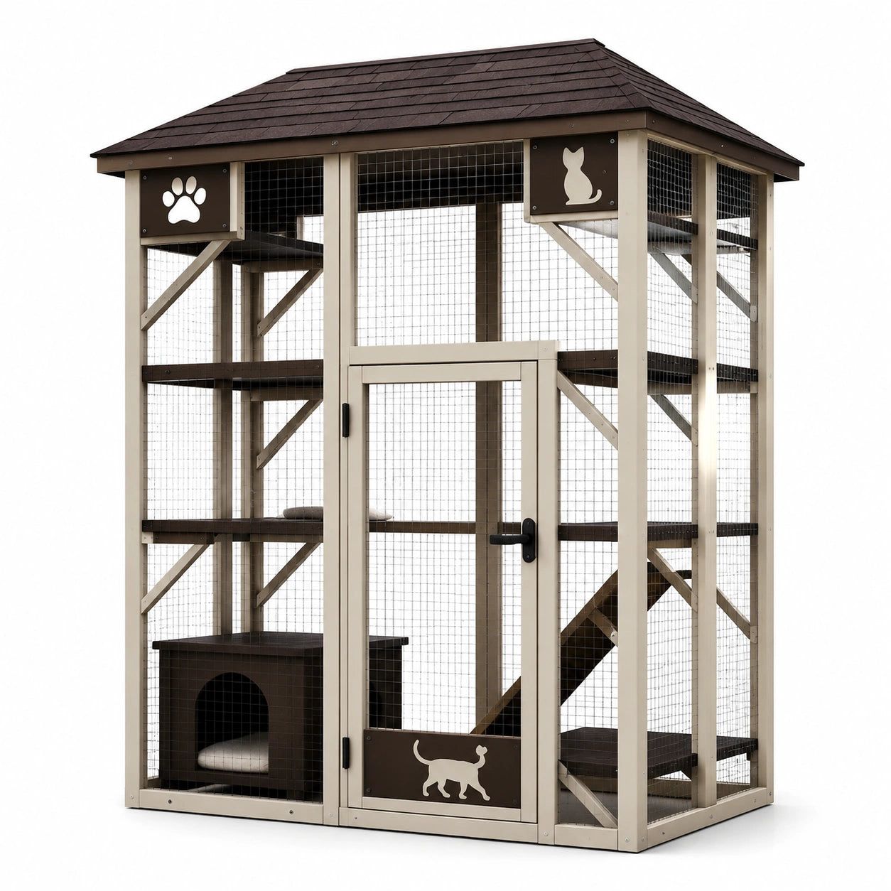 Enclos pour chat en bois et métal grillagé beige 200x120x180 cm