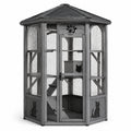 Enclos pour chat en bois et fer avec toit hexagonal gris