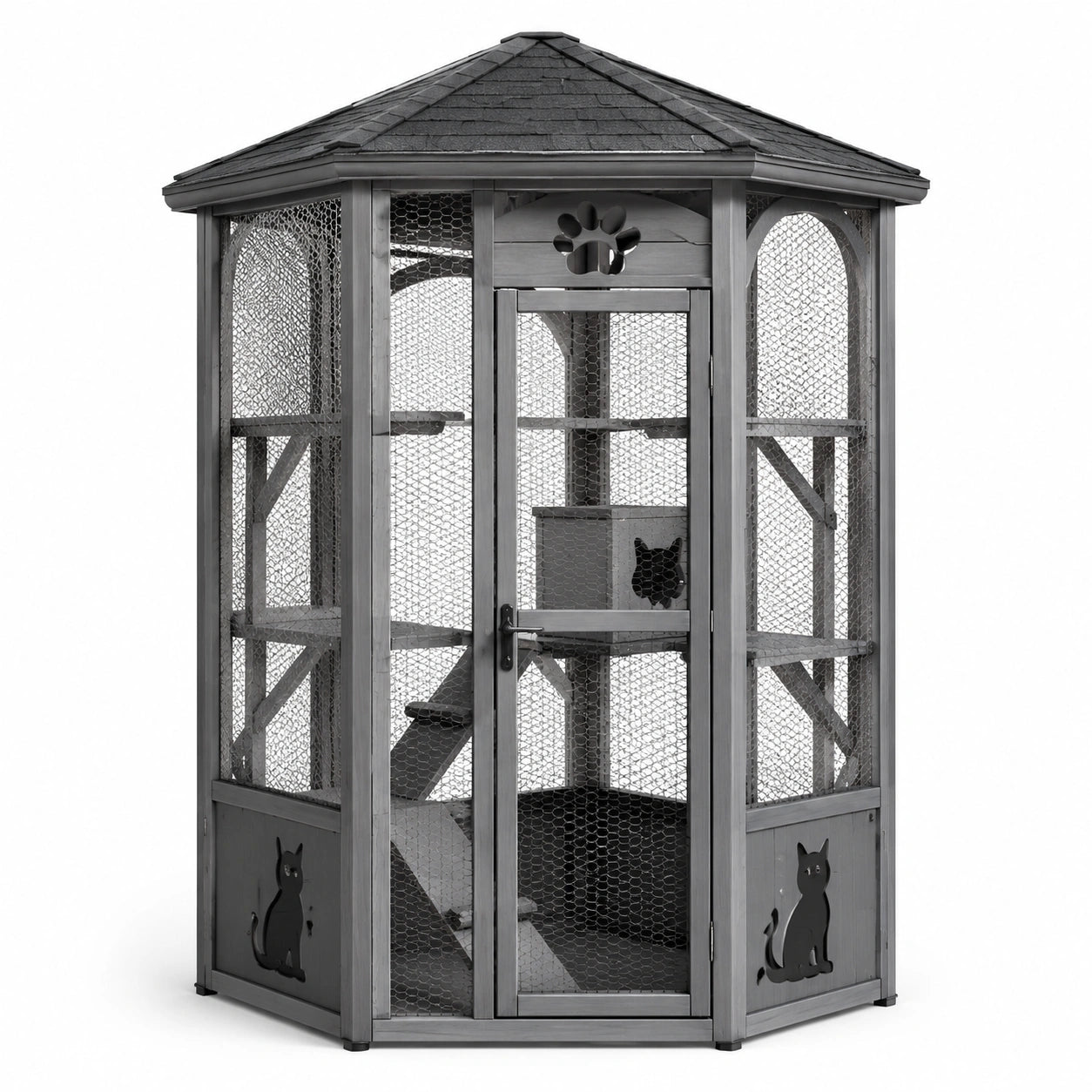 Enclos pour chat en bois et fer avec toit hexagonal gris