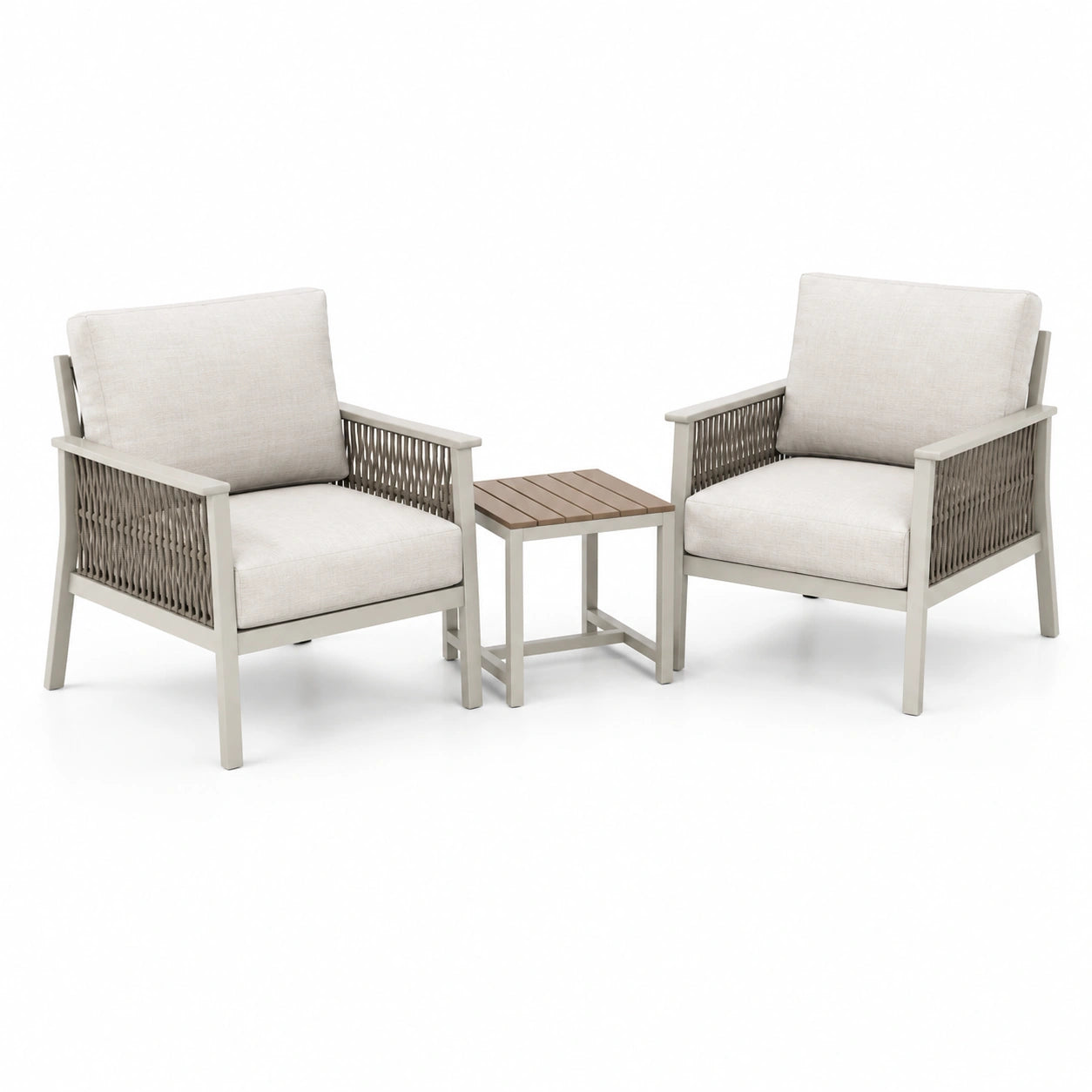 Ensemble bistro en bois et aluminium avec 2 fauteuils en corde synthétique et table