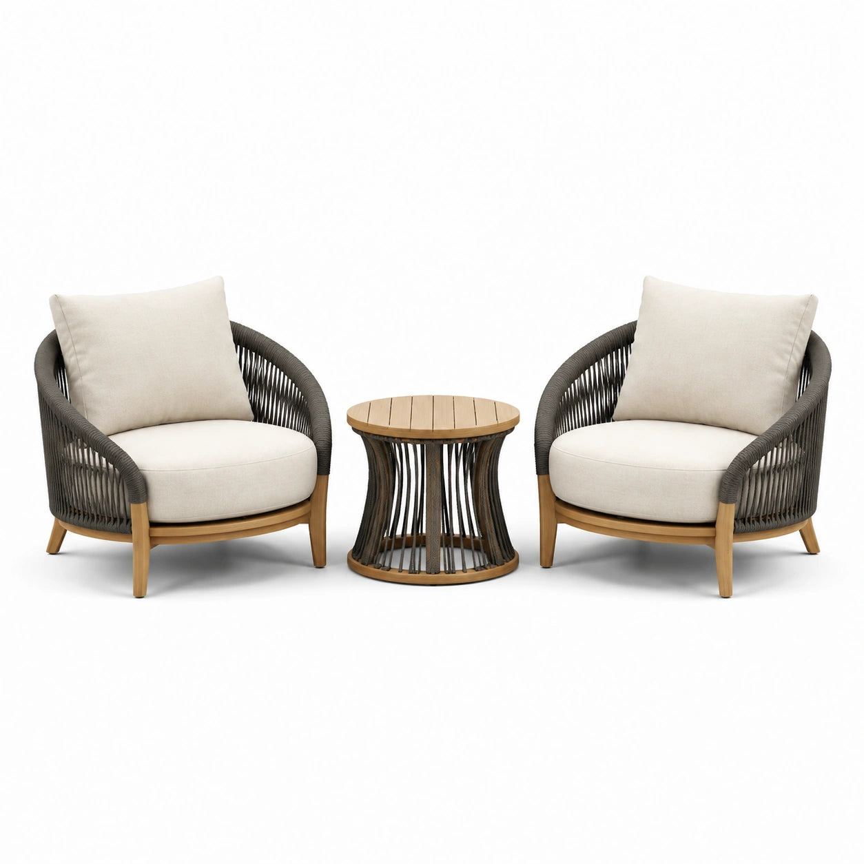 Ensemble bistrot 2 fauteuils en corde synthétique et table basse en bois massif