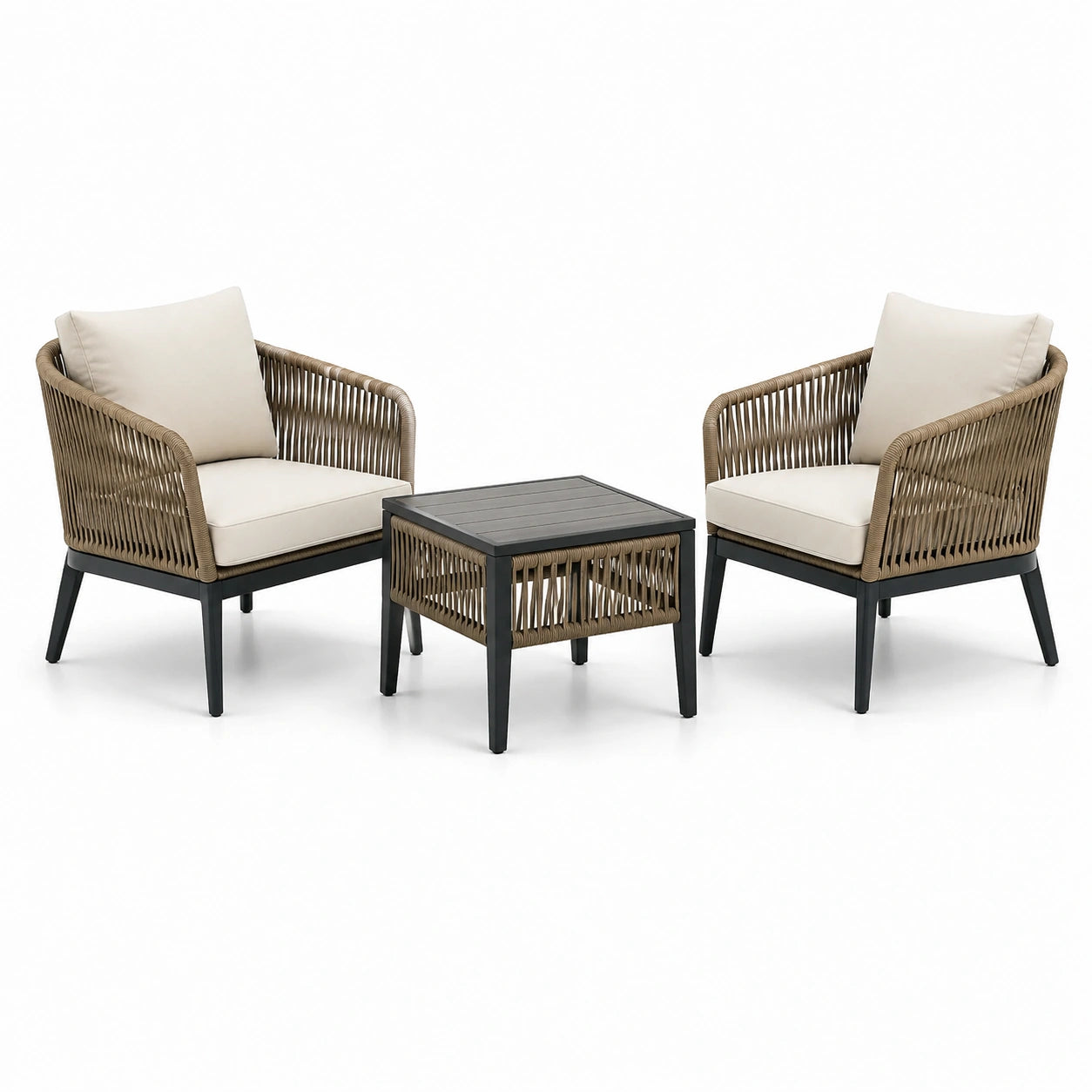 Set de mobilier de jardin en aluminium et corde avec coussins beige