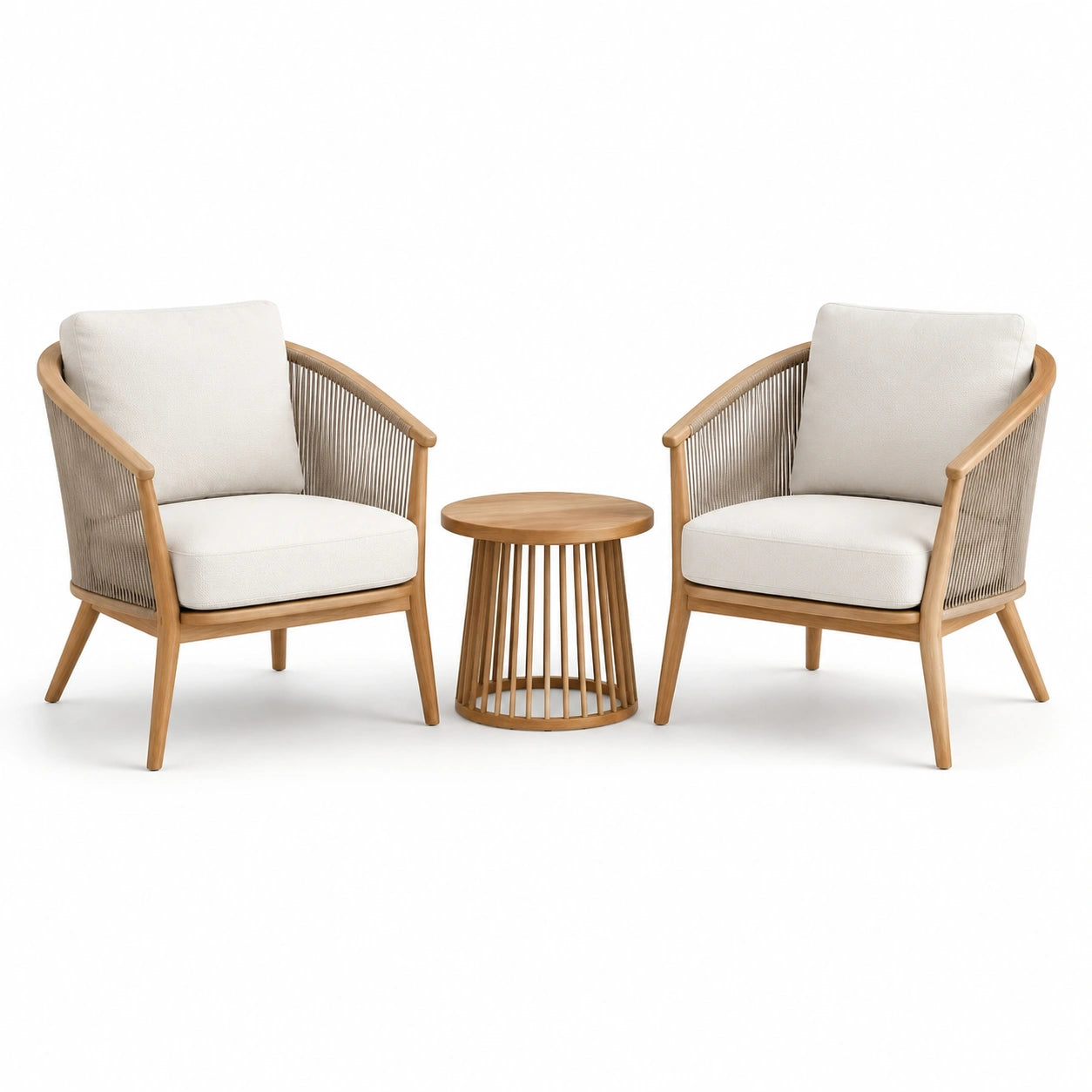 Ensemble bistrot avec 2 fauteuils et table en bois d'acacia et corde beige