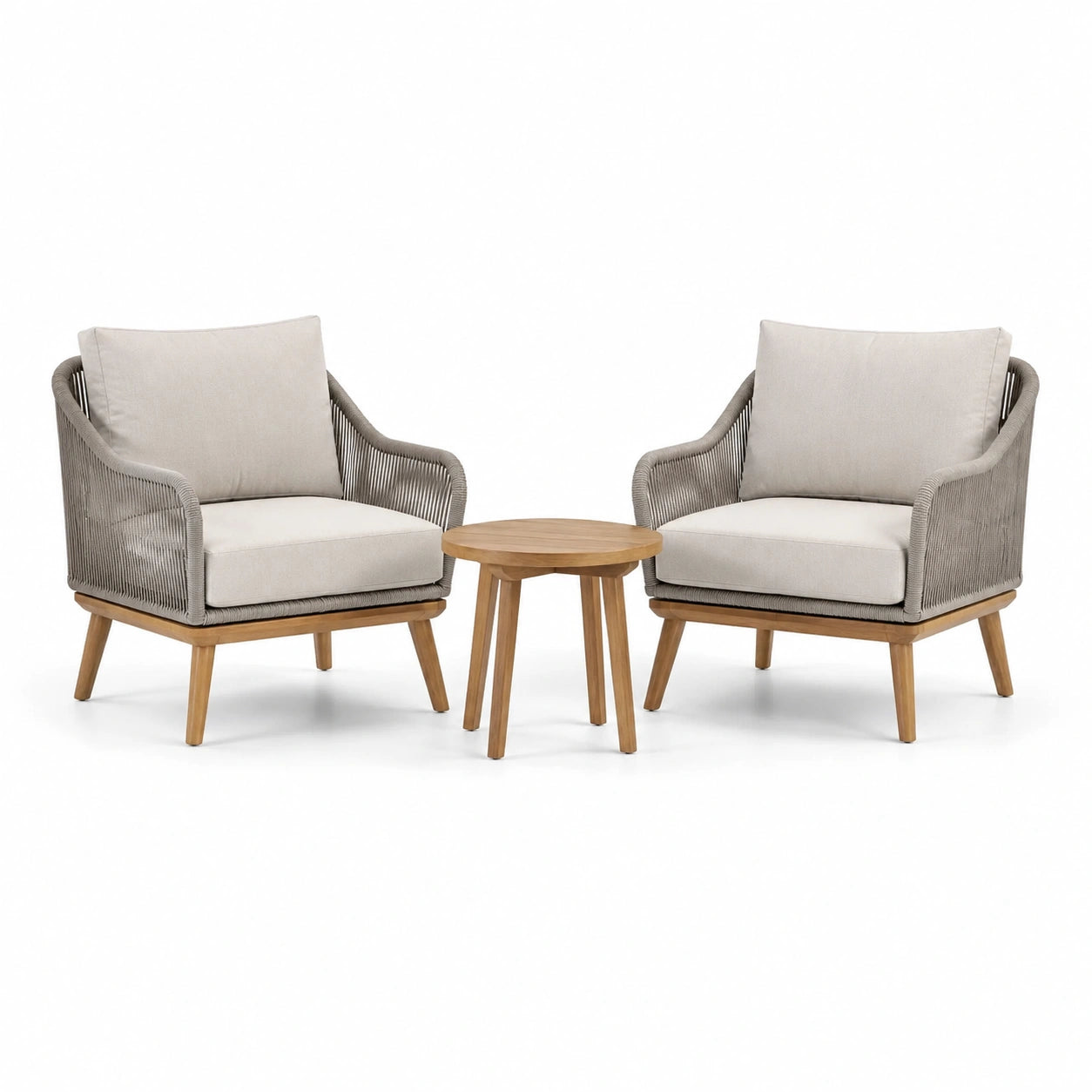 Ensemble de fauteuils et table en bois et corde polyester beige
